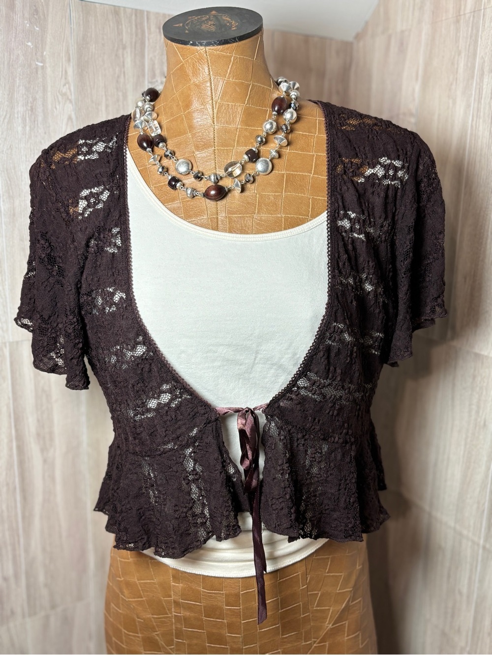 Women’s Brown Floral Lace Tie-Front Bolero Shrug Romantic Boho Layering Top